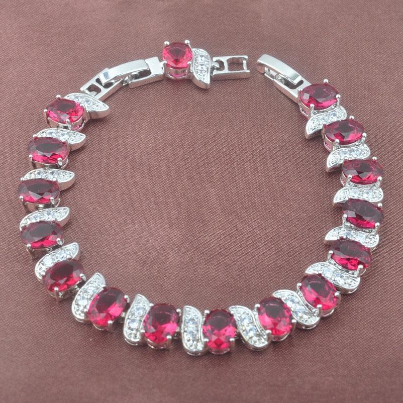 New Jewelry Sets - Women Wedding Costume Silver Color Red Zirconia Earrings Rings Bracelet Necklace Set (D81)(3JW)