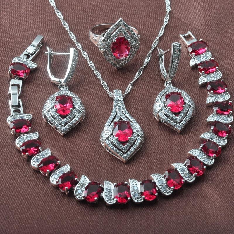 New Jewelry Sets - Women Wedding Costume Silver Color Red Zirconia Earrings Rings Bracelet Necklace Set (D81)(3JW)