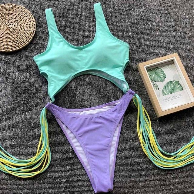 Trending New Sexy Leopard Swimwear - Tummy Cut Out One Piece Swimsuit - Female Tassel Bather Hollow Out Bathing Suit (TB8D)(F26)