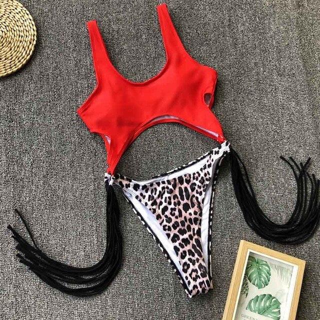 Trending New Sexy Leopard Swimwear - Tummy Cut Out One Piece Swimsuit - Female Tassel Bather Hollow Out Bathing Suit (TB8D)(F26)