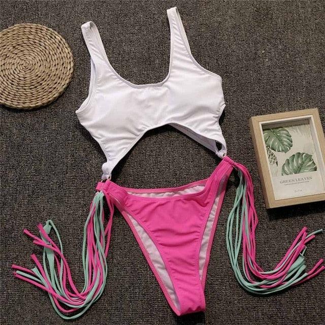 Trending New Sexy Leopard Swimwear - Tummy Cut Out One Piece Swimsuit - Female Tassel Bather Hollow Out Bathing Suit (TB8D)(F26)