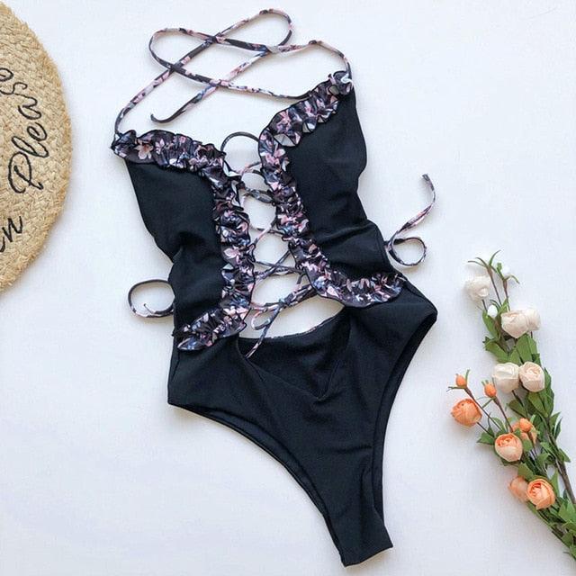 Trending New Sexy Leopard Swimwear - Tummy Cut Out One Piece Swimsuit - Female Tassel Bather Hollow Out Bathing Suit (TB8D)(F26)