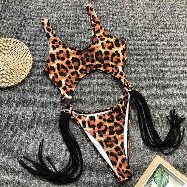 Trending New Sexy Leopard Swimwear - Tummy Cut Out One Piece Swimsuit - Female Tassel Bather Hollow Out Bathing Suit (TB8D)(F26)