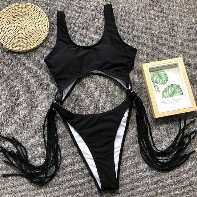 Trending New Sexy Leopard Swimwear - Tummy Cut Out One Piece Swimsuit - Female Tassel Bather Hollow Out Bathing Suit (TB8D)(F26)