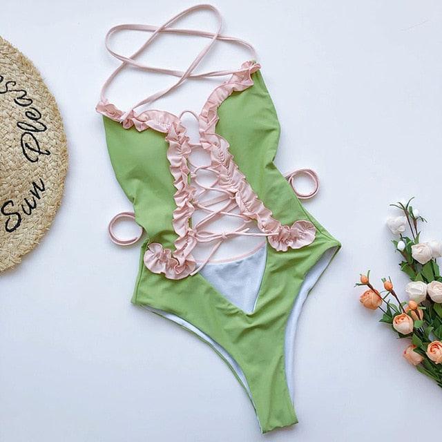 Trending New Sexy Leopard Swimwear - Tummy Cut Out One Piece Swimsuit - Female Tassel Bather Hollow Out Bathing Suit (TB8D)(F26)