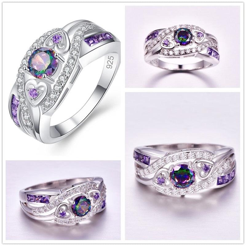 New Trendy Style 925 Solid Silver Amethyst Rings - Women Purple Crystal CZ Ring (7JW)