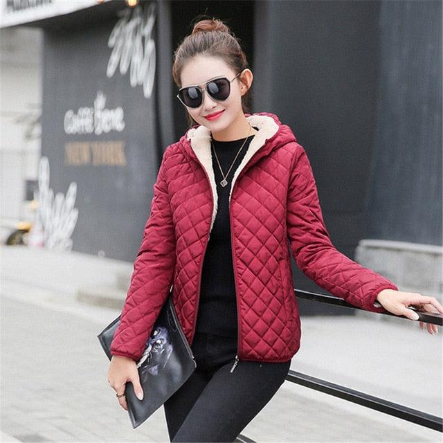 New Winter Parkas Basic Jacket Coats - Ladies Plus Velvet Lamb Hooded Coats - Long Sleeve Cotton Jacket (2U23)