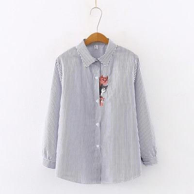 New Women Floral Embroidery Long Sleeve White Striped Shirt - Button Up Blouse - Turn Down Collar Tops (TB4)