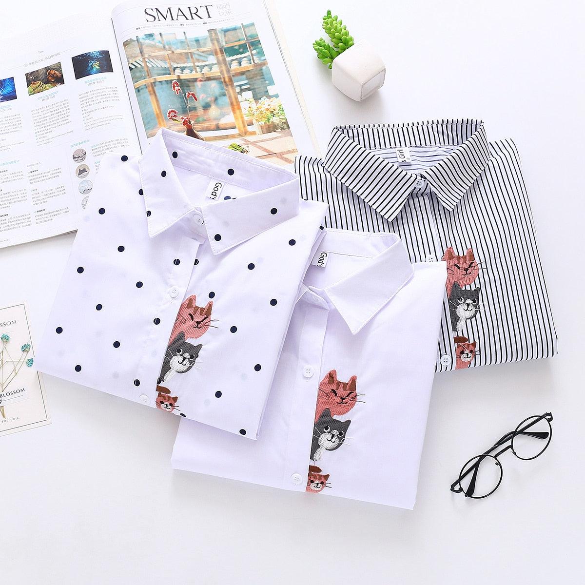New Women Floral Embroidery Long Sleeve White Striped Shirt - Button Up Blouse - Turn Down Collar Tops (TB4)