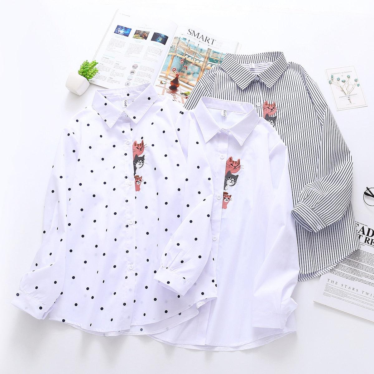 New Women Floral Embroidery Long Sleeve White Striped Shirt - Button Up Blouse - Turn Down Collar Tops (TB4)