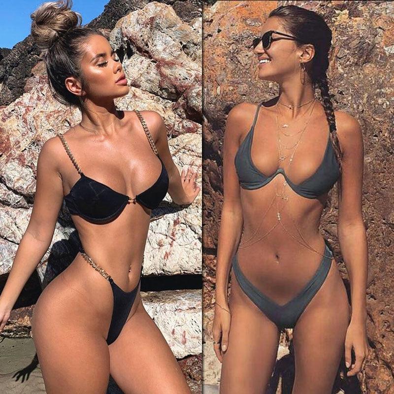 Trending New High Cut Thong Bathing Suit - High Waist Swimsuit - Solid Women Swimwear - Bikini Set (TB8D)(F26)