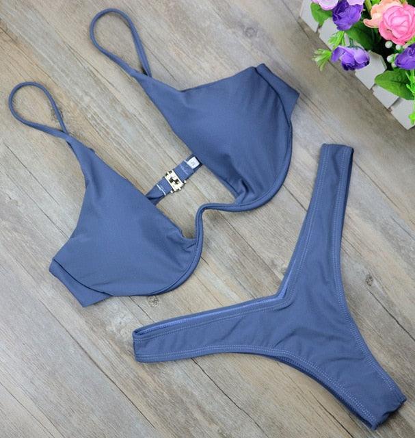Trending New High Cut Thong Bathing Suit - High Waist Swimsuit - Solid Women Swimwear - Bikini Set (TB8D)(F26)
