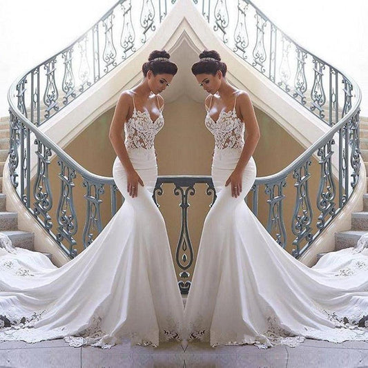 Straps Mermaid Beach Wedding Dresses - Sweep Train Boho Bridal Gowns - Custom Made Bride Dress (D18)(WSO1)