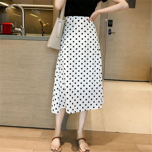 Trending Spring Chiffon Skirt - Women High Waist Midi Skirt - Summer Elegant Dot Print - Office Skirts (2U22)(2U20)
