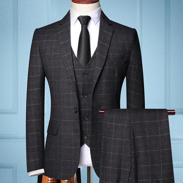 Trending Three Piece Formal Business Plaids Suit - Men's Fashion Dress Suit ( Jacket + Vest + Pants ) (T1M)