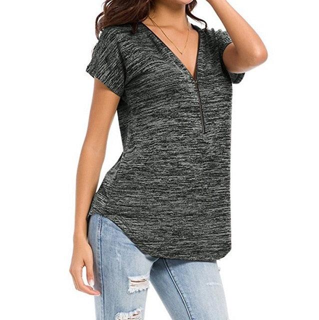 Cute Women Short Sleeve zipper Spring T shirts - Colored Cotton Ladies Deep V-Neck Feminine T Shirt - Summer Sexy Tops (TB2)(BT1)(F19)