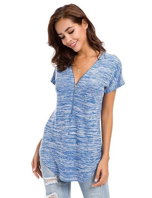 Cute Women Short Sleeve zipper Spring T shirts - Colored Cotton Ladies Deep V-Neck Feminine T Shirt - Summer Sexy Tops (TB2)(BT1)(F19)