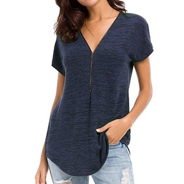 Cute Women Short Sleeve zipper Spring T shirts - Colored Cotton Ladies Deep V-Neck Feminine T Shirt - Summer Sexy Tops (TB2)(BT1)(F19)