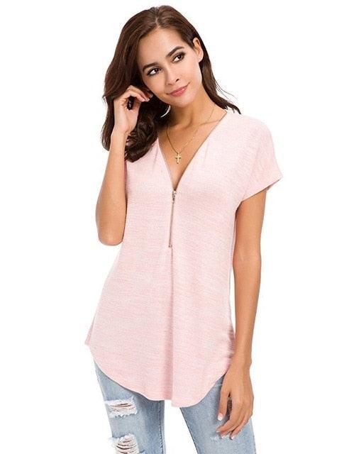 Cute Women Short Sleeve zipper Spring T shirts - Colored Cotton Ladies Deep V-Neck Feminine T Shirt - Summer Sexy Tops (TB2)(BT1)(F19)