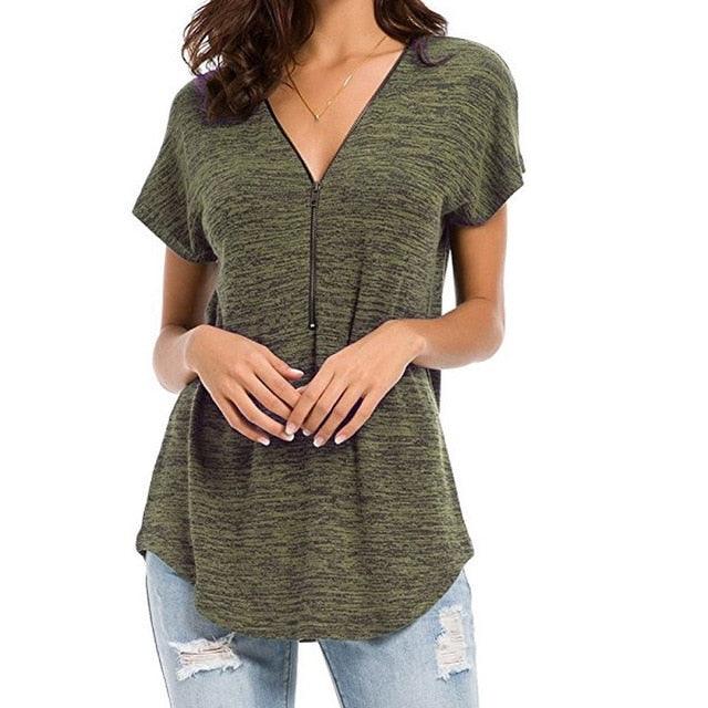 Cute Women Short Sleeve zipper Spring T shirts - Colored Cotton Ladies Deep V-Neck Feminine T Shirt - Summer Sexy Tops (TB2)(BT1)(F19)