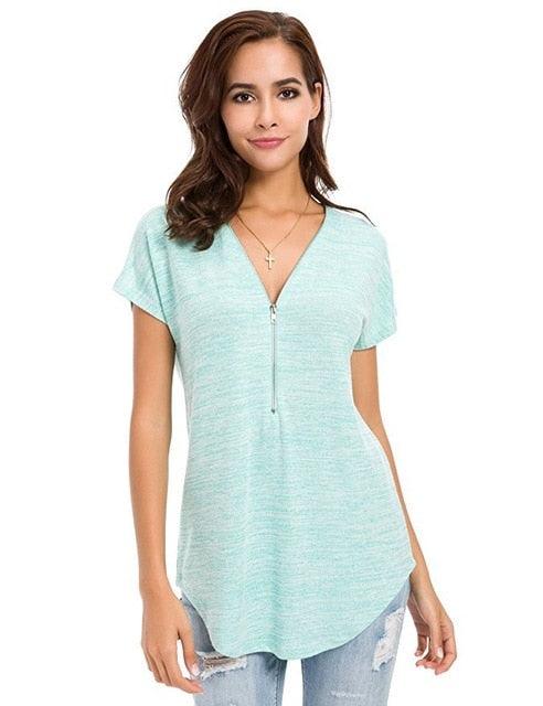 Cute Women Short Sleeve zipper Spring T shirts - Colored Cotton Ladies Deep V-Neck Feminine T Shirt - Summer Sexy Tops (TB2)(BT1)(F19)