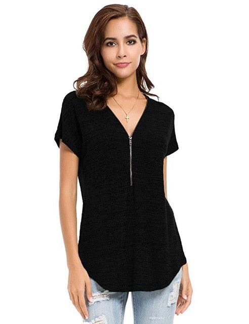 Cute Women Short Sleeve zipper Spring T shirts - Colored Cotton Ladies Deep V-Neck Feminine T Shirt - Summer Sexy Tops (TB2)(BT1)(F19)