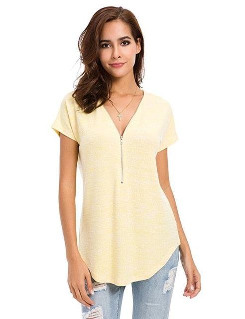 Cute Women Short Sleeve zipper Spring T shirts - Colored Cotton Ladies Deep V-Neck Feminine T Shirt - Summer Sexy Tops (TB2)(BT1)(F19)