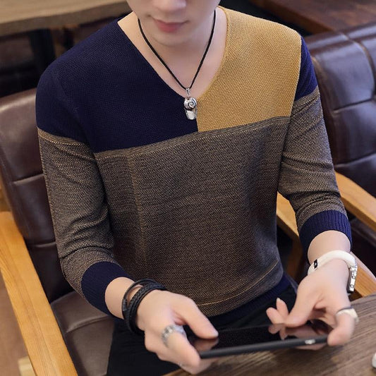 New Version Contrast V-neck Men's Sweater (TM6)(T5G)