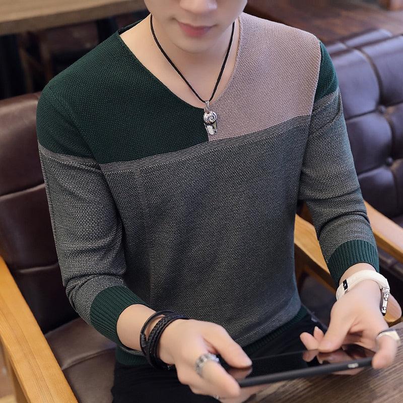 New Version Contrast V-neck Men's Sweater (TM6)(T5G)