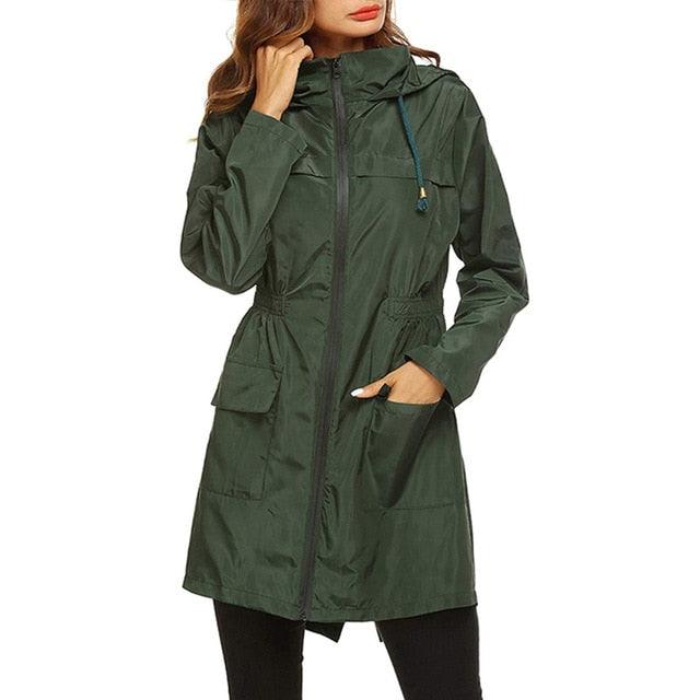 Waterproof Hooded Women Long Trench Coat - Classic Zippers Pockets Jacket - Business Casual Outerwear (3U23)(3U20)