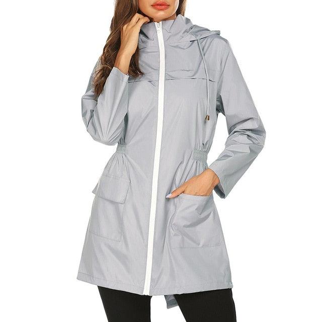 Waterproof Hooded Women Long Trench Coat - Classic Zippers Pockets Jacket - Business Casual Outerwear (3U23)(3U20)