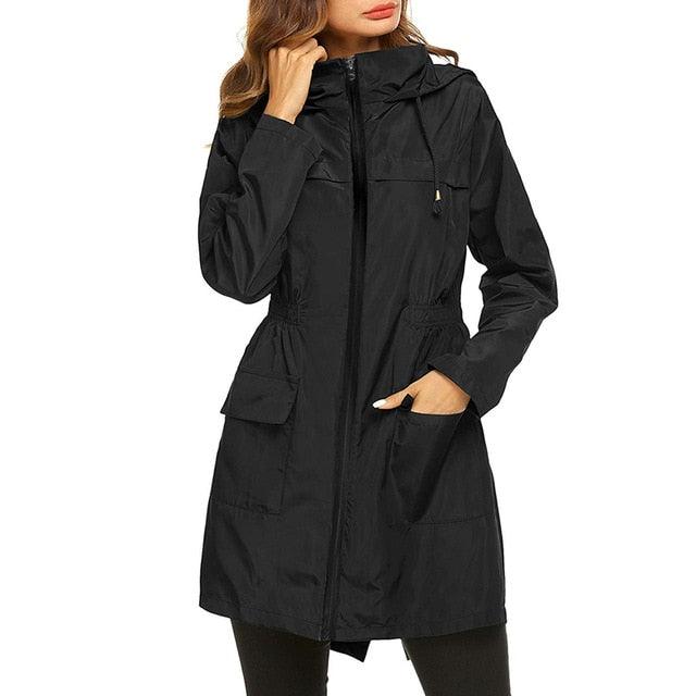 Waterproof Hooded Women Long Trench Coat - Classic Zippers Pockets Jacket - Business Casual Outerwear (3U23)(3U20)