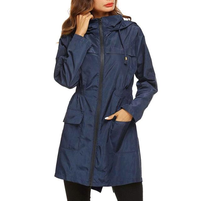 Waterproof Hooded Women Long Trench Coat - Classic Zippers Pockets Jacket - Business Casual Outerwear (3U23)(3U20)