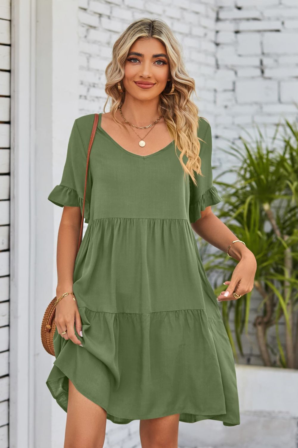 V-Neck Flounce Sleeve Tiered Dress (BWD)(WS06)T - Deals DejaVu
