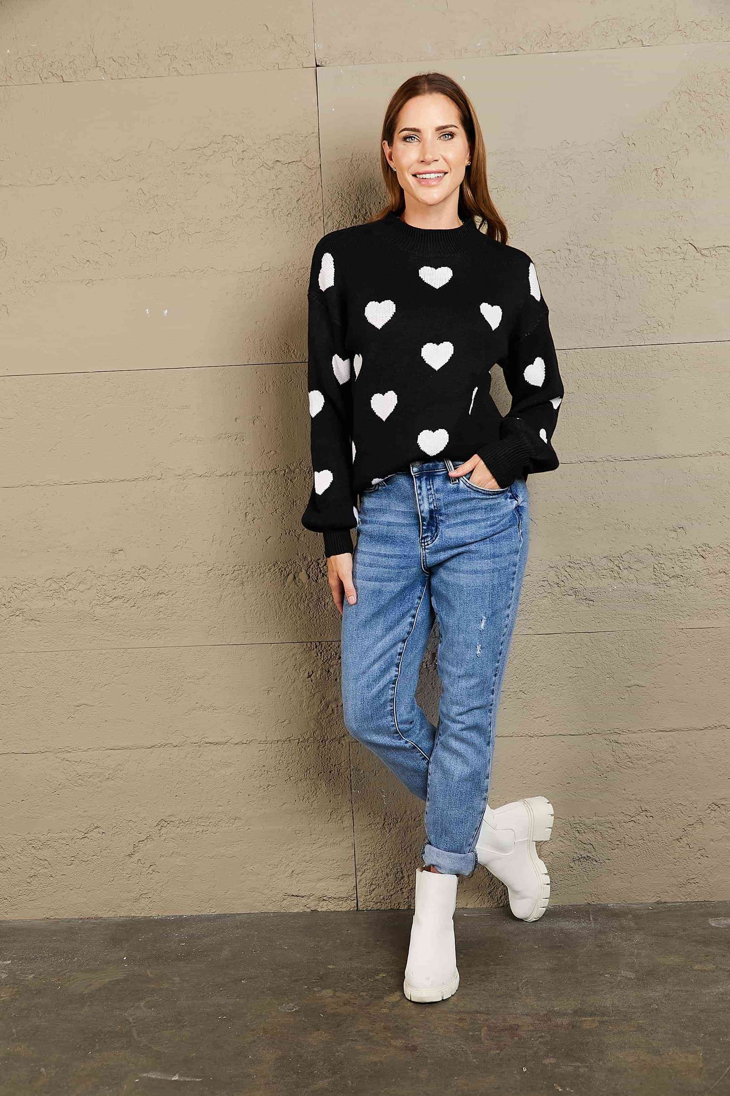 Woven Right Heart Pattern Lantern Sleeve Round Neck Tunic Sweater - Deals DejaVu