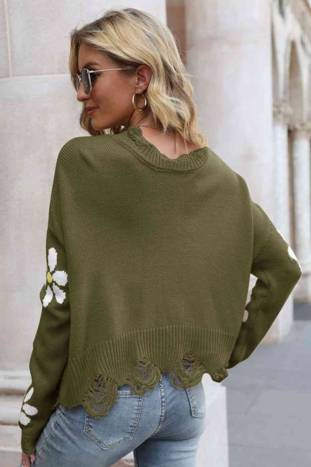 Flower Distressed Ribbed Trim Sweater - Deals DejaVu