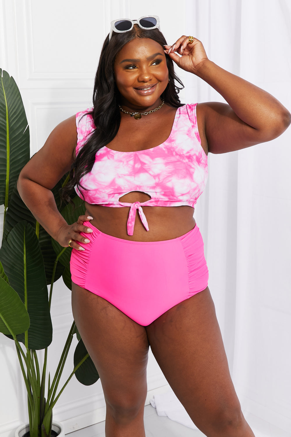 Marina West Swim Sanibel Crop Swim Top and Ruched Bottoms Set in Pink (TB9D) T