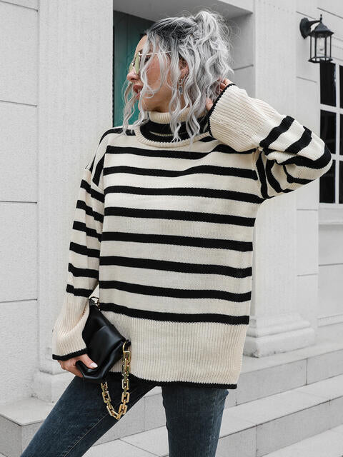 Striped Slit Turtleneck Drop Shoulder Sweater - Deals DejaVu