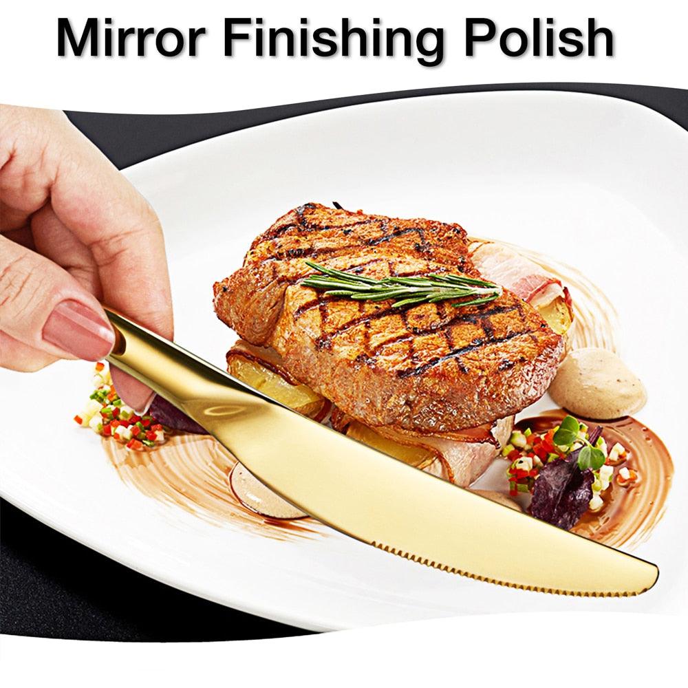 24PCS Tableware Gold Cutlery Set - Dishes Dinnerware Set Knives Forks Spoons Western Kitchen 18/10 Stainless Steel (AK6)