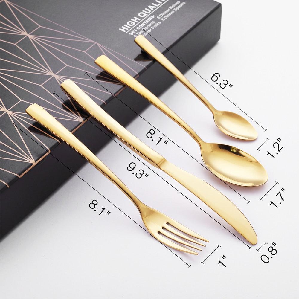 24PCS Tableware Gold Cutlery Set - Dishes Dinnerware Set Knives Forks Spoons Western Kitchen 18/10 Stainless Steel (AK6)