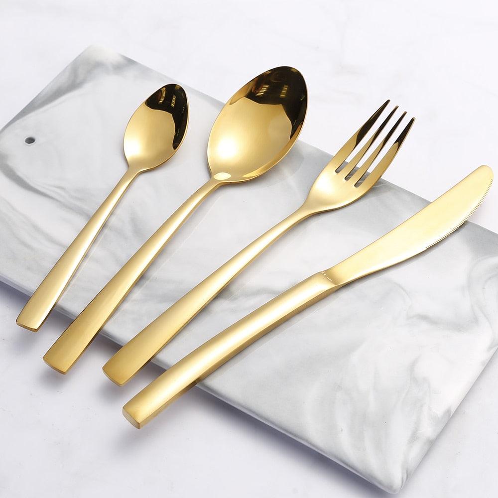 24PCS Tableware Gold Cutlery Set - Dishes Dinnerware Set Knives Forks Spoons Western Kitchen 18/10 Stainless Steel (AK6)