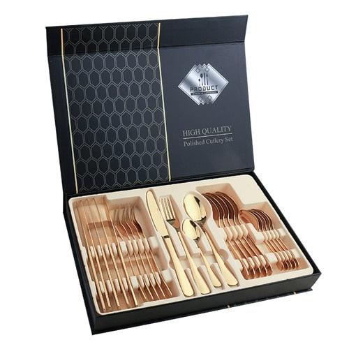 24pcs Gold Tableware Set - Fork Spoon Knife Cutlery Set - Stainless Steel Kitchen Holiday Gift Box (AK6)(1U61)