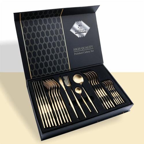 24pcs Gold Tableware Set - Fork Spoon Knife Cutlery Set - Stainless Steel Kitchen Holiday Gift Box (AK6)(1U61)