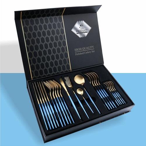 24pcs Gold Tableware Set - Fork Spoon Knife Cutlery Set - Stainless Steel Kitchen Holiday Gift Box (AK6)(1U61)