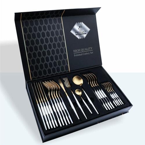 24pcs Gold Tableware Set - Fork Spoon Knife Cutlery Set - Stainless Steel Kitchen Holiday Gift Box (AK6)(1U61)