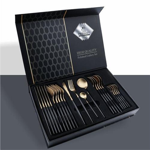24pcs Gold Tableware Set - Fork Spoon Knife Cutlery Set - Stainless Steel Kitchen Holiday Gift Box (AK6)(1U61)