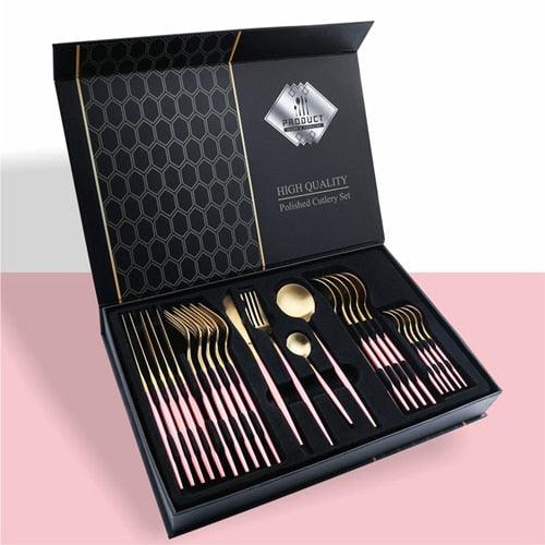 24pcs Gold Tableware Set - Fork Spoon Knife Cutlery Set - Stainless Steel Kitchen Holiday Gift Box (AK6)(1U61)