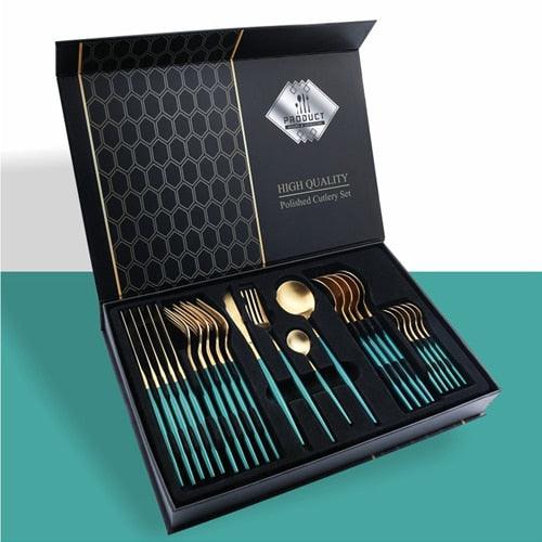 24pcs Gold Tableware Set - Fork Spoon Knife Cutlery Set - Stainless Steel Kitchen Holiday Gift Box (AK6)(1U61)