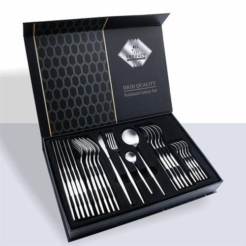 24pcs Gold Tableware Set - Fork Spoon Knife Cutlery Set - Stainless Steel Kitchen Holiday Gift Box (AK6)(1U61)