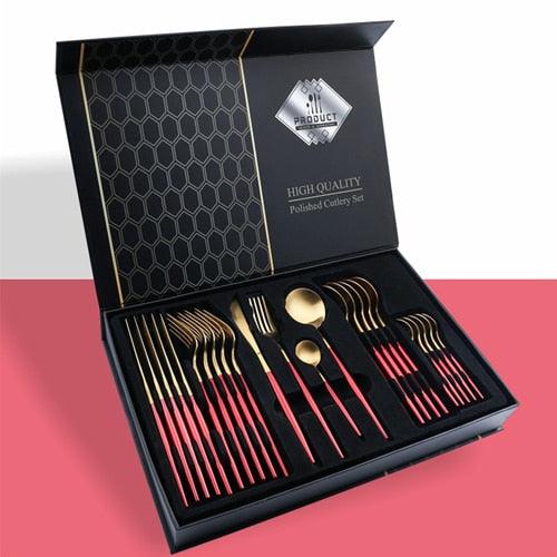 24pcs Gold Tableware Set - Fork Spoon Knife Cutlery Set - Stainless Steel Kitchen Holiday Gift Box (AK6)(1U61)